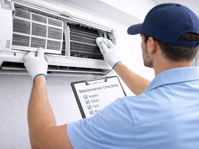Vayu AC Service technician following an AC maintenance checklist in Greater Noida